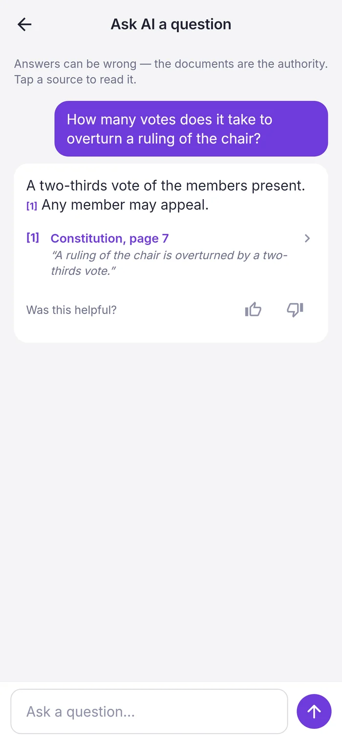 Member app answering how many votes it takes to overturn a ruling of the chair, citing the constitution, page 7
