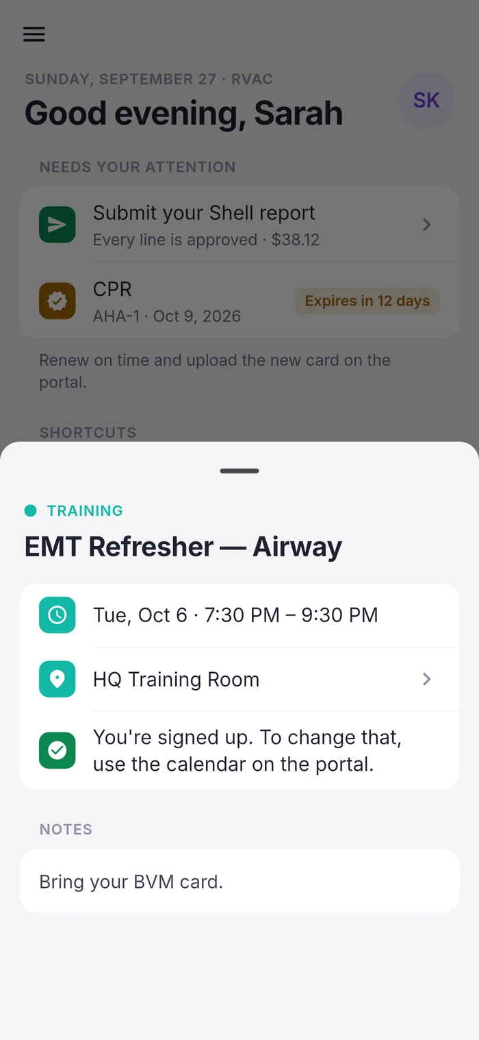 Member app event sheet for an EMT Refresher on airway, showing the member is signed up