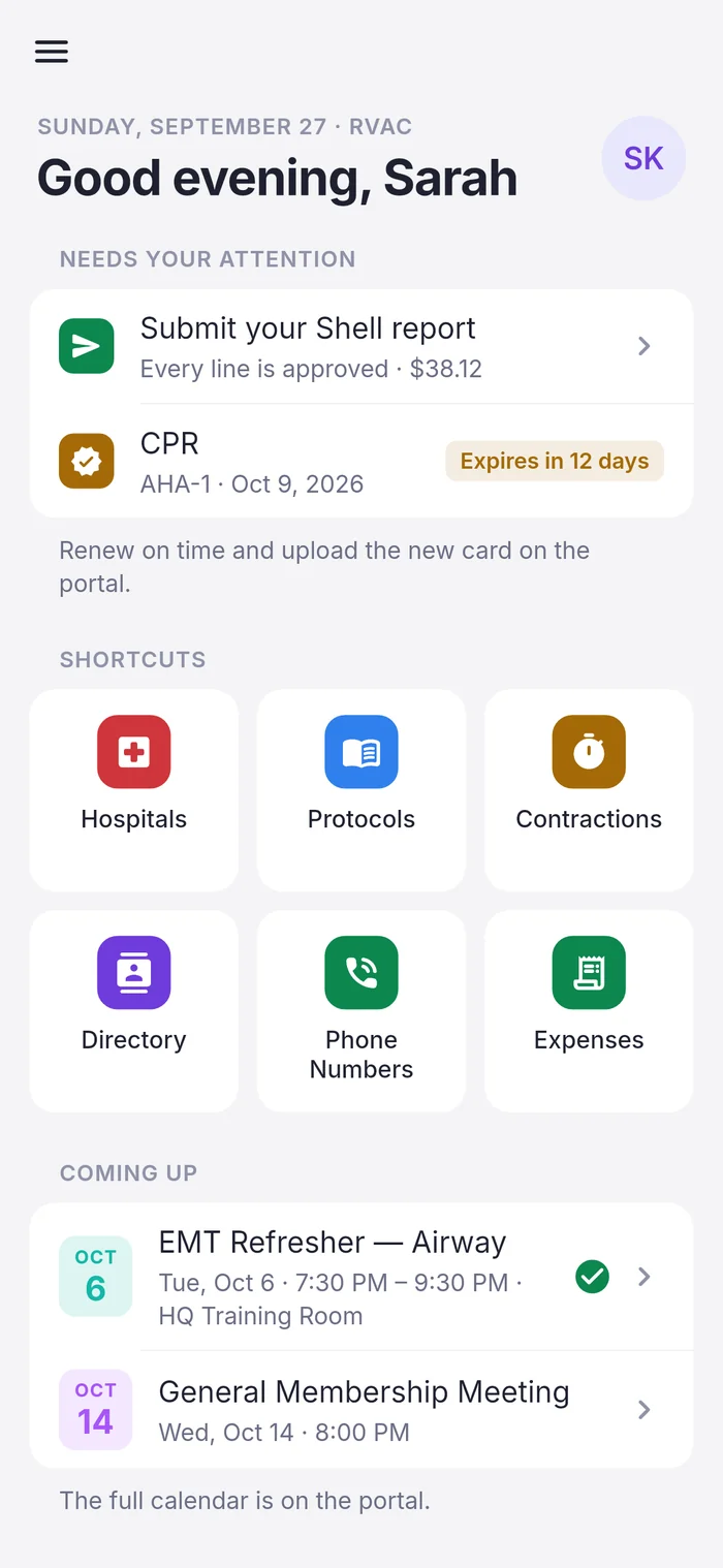 The emsOS mobile app home screen: a CPR card expiring in 12 days, shortcuts and upcoming events