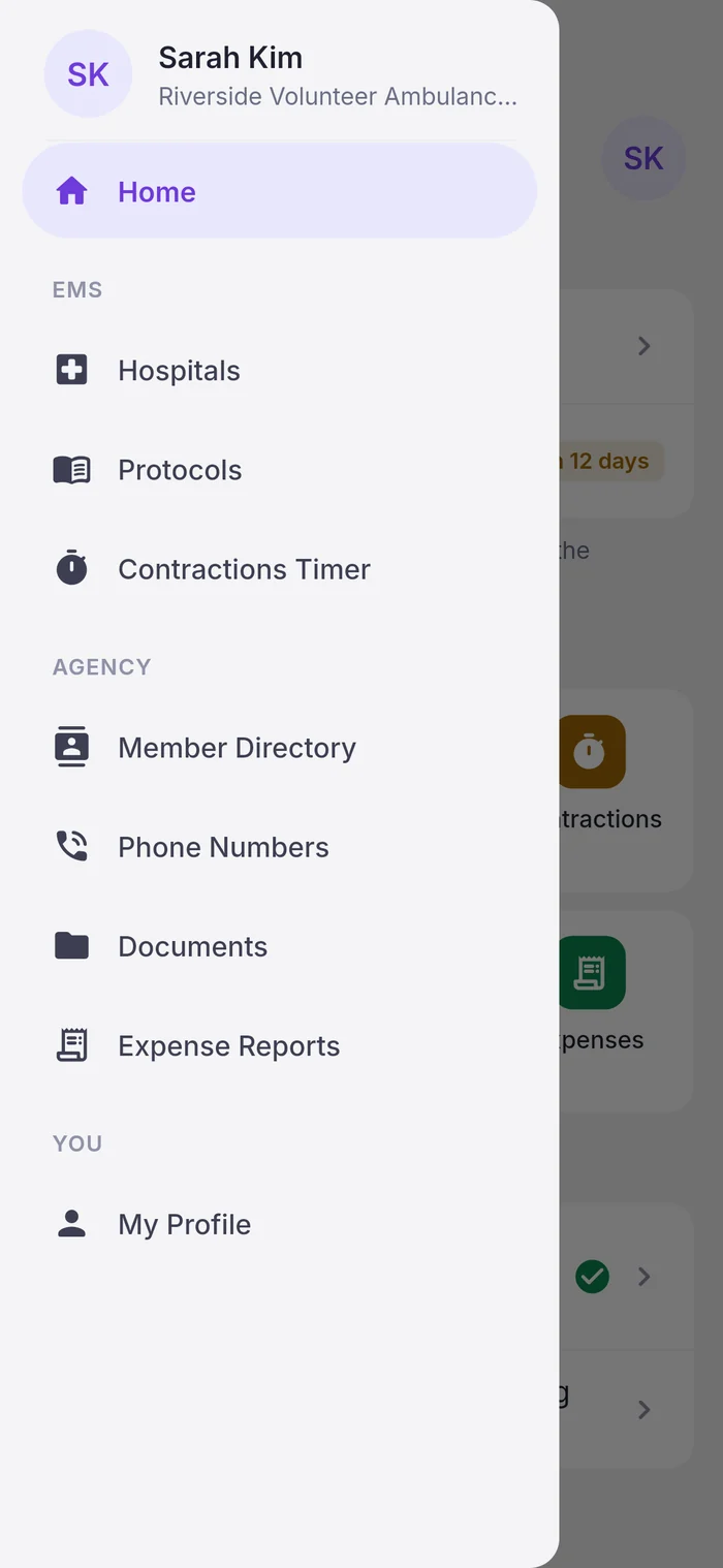 Slide-out menu: hospitals, protocols, contractions timer, directory, phone numbers, documents, expense reports