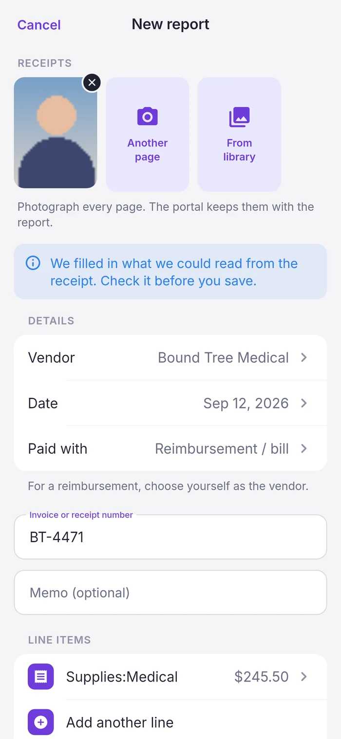 New expense report with a receipt photo and details filled in from the receipt