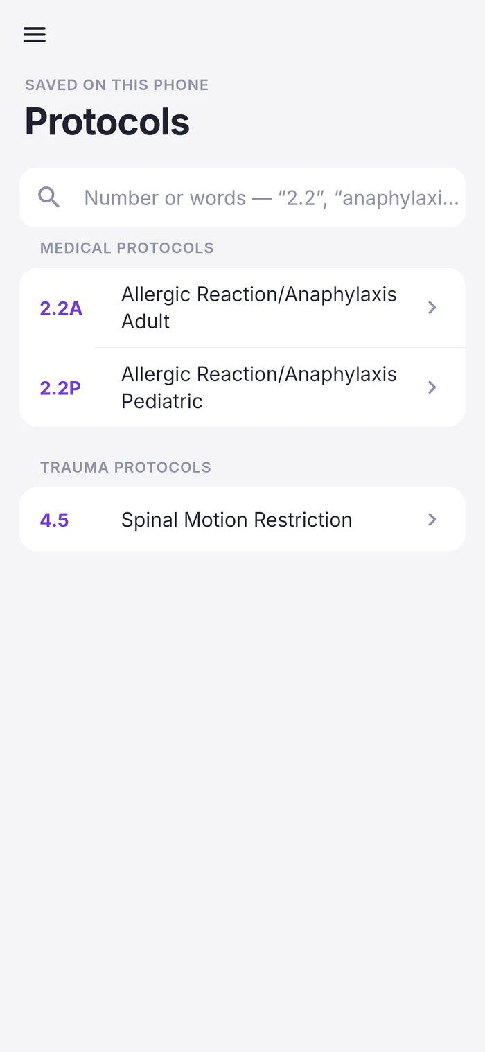 Protocols saved on the phone, searchable by number or words