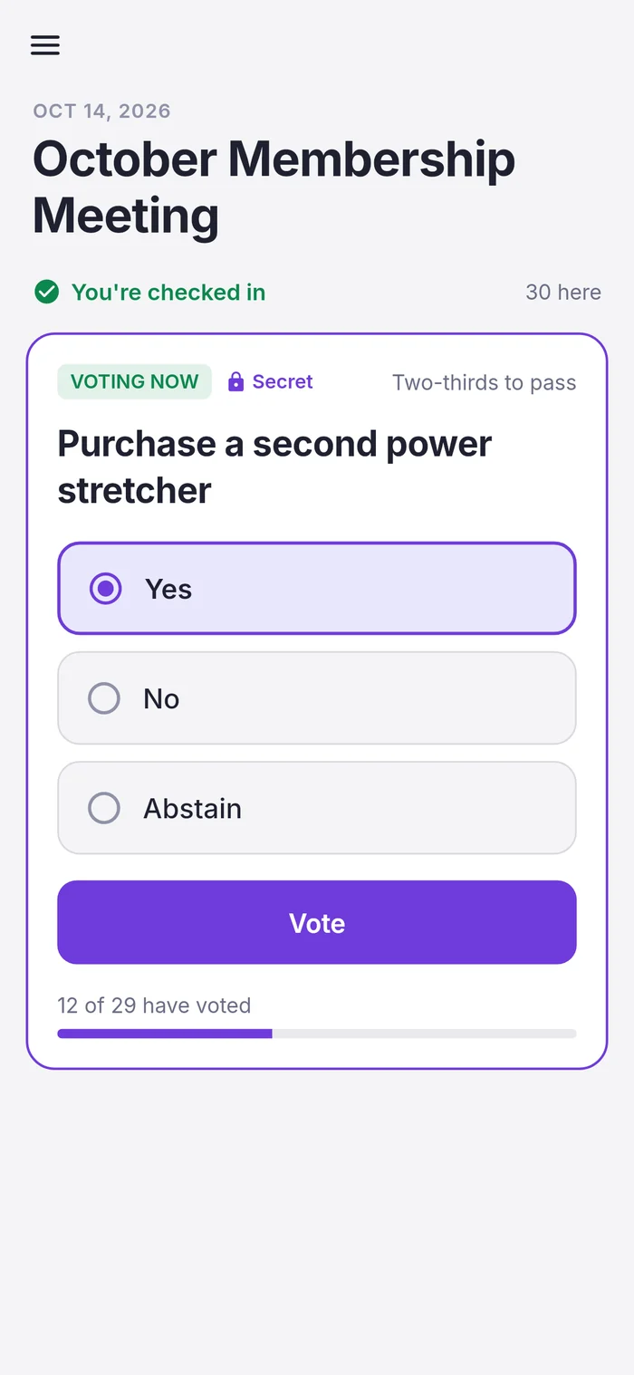 Member app ballot: purchase a second power stretcher, with Yes selected