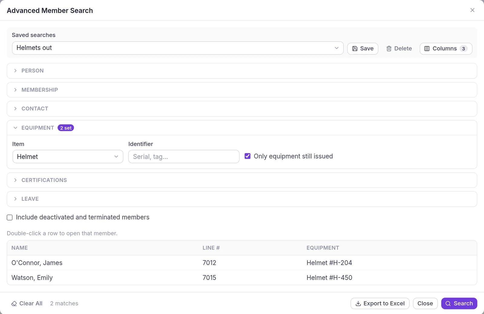 Advanced Member Search with a saved search named Helmets out, filtering members by issued equipment