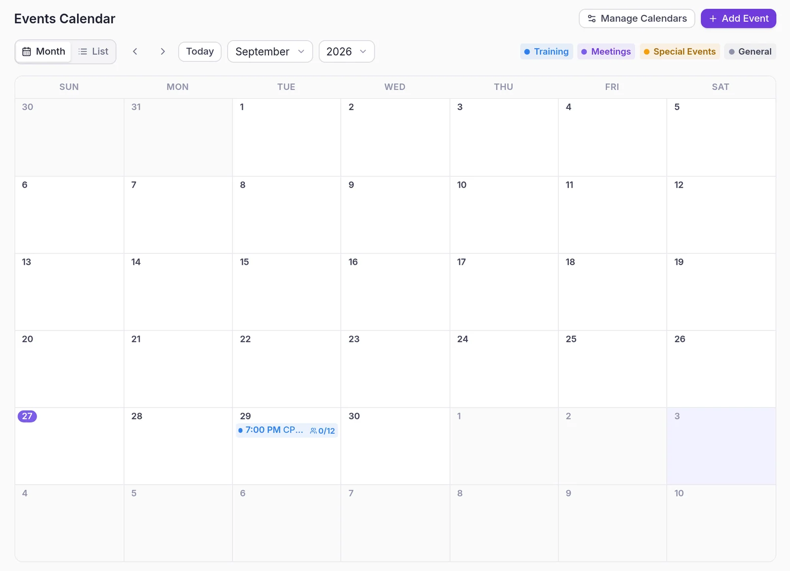 Events Calendar month view with training, meetings, special events and general calendars