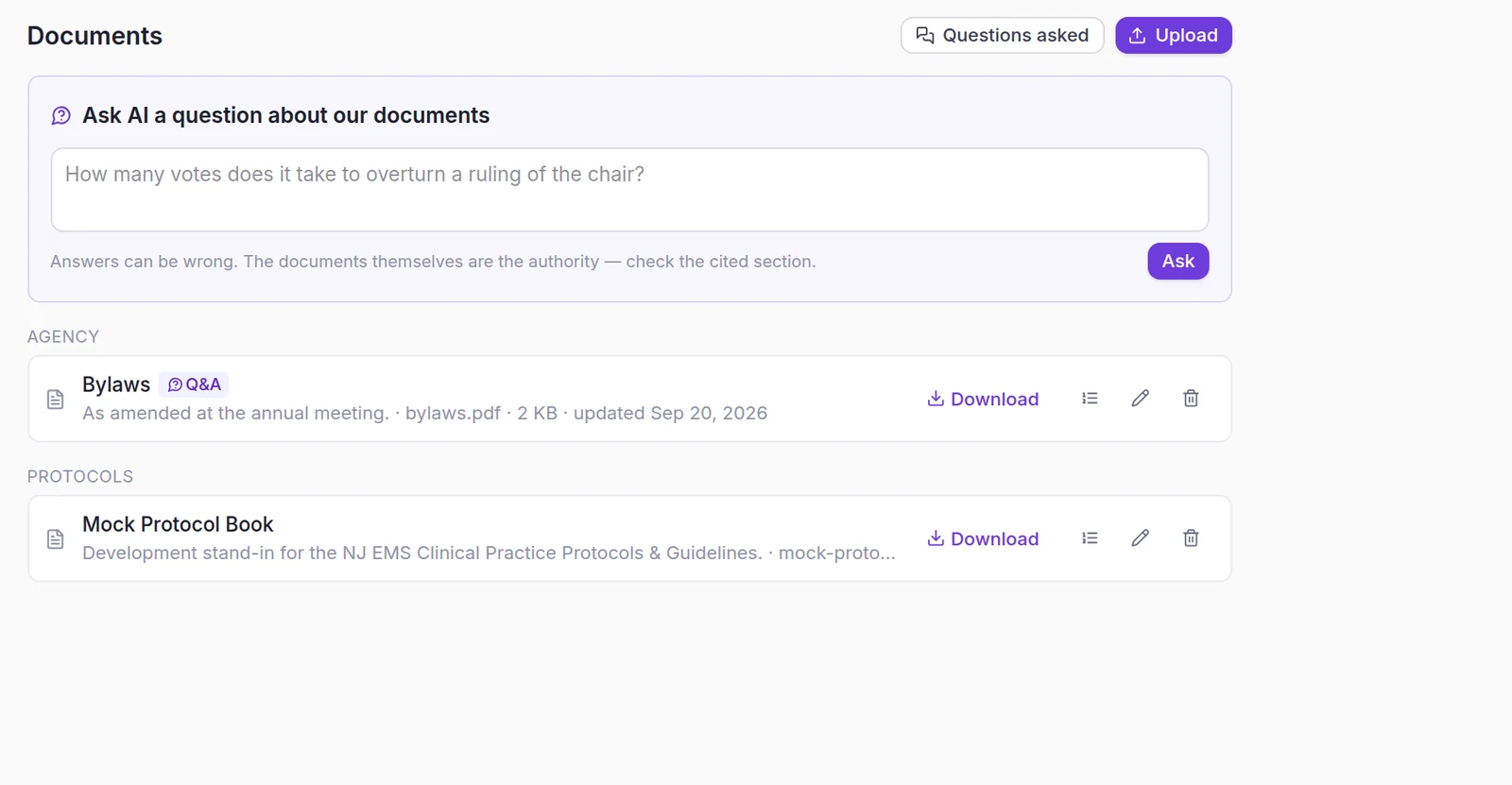 Documents library with an Ask AI box and the agency's bylaws and protocol book